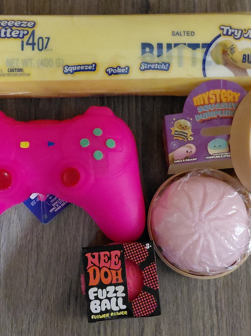 Large Squishy Lot 14 Oz Butter, Game Controller, Dumpling & Needoh Fuzz Ball